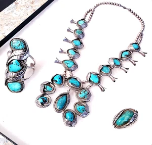 GIANT SCOTT TOHANNIE NAVAJO Sterling Silver TURQUOISE SQUASH BLOSSOM Necklace - Picture 1 of 24