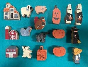 Vtg Lot 17 Handcrafted Wooden Halloween Figures- Bldgs, Animals Pumpkins, People - Picture 1 of 3