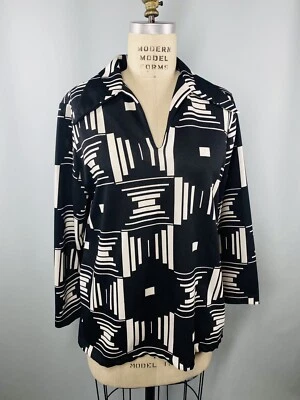 Vintage Top SIZE LARGE double knit PATRICIAN black white 70s point collar TUNIC - Image 1 of 4