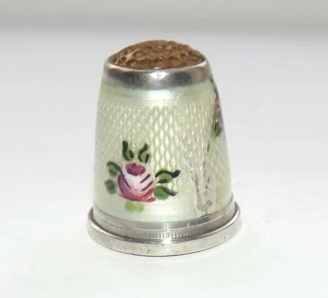 RARE VINTAGE ART DECO STERLING SILVER & GUILLOCHE ENAMEL THIMBLE c1930 Cover