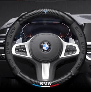 15" PU Leather+Carbon fiber Steering Wheel Cover For BMW X1 X2 X3 X4 X5 X6 X7 XM - Picture 1 of 13