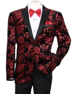 CHAQUETA DE ESMOQUIN HOMBRE CORTE MODERNO TERCIOPELO FLORAL PAISLEY FOIL Dorado, Rojo, Púrpura Foto 1 de 4