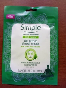 Simple Sensitive Skin De-Stress Sheet Mask W/Aloe & Multi-Vitamins *New* - Picture 1 of 2