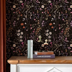 Black Floral Wallpaper Peel And Stick Home Decor PVC Cabinet Sticker 17.3"X118" - Picture 1 of 9