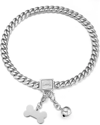 Collar de cadena para perro plateado de acero inoxidable collar de eslabones cubanos con campana y etiqueta de identificación  Foto 1 de 4