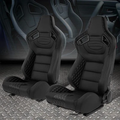 Pair of Universal Black Vinyl Adjustable Reclinable Racing Seats w/ Sliders Foto 1 de 4
