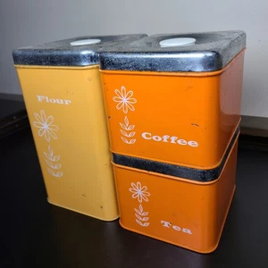 VTG 70s Lincoln Beautyware Metal Flour Coffee Tea Daisy Canister Tin Set - Picture 1 of 14
