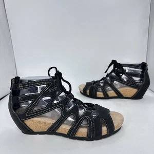 Earth Origins Kayle Black Leather Lace Up Wedge Sandals Women 9.5 M - Picture 1 of 10