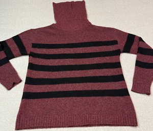 Tahari Turtle Neck Sweater Womens Medium Maroon & Black Horizontal Striped Plush - Picture 1 of 16