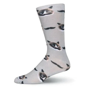 Mustache Grumpy Cat Men's Crew Socks Size 10-13 Grey K Bell Feline Fashion New - Picture 1 of 1