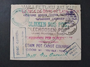 New York: Watkins Glen 1939 Very Busy Back Tin Can Mail Cover to Tonga Island - Picture 1 of 2