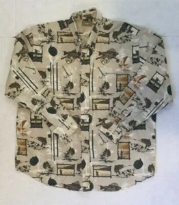 Men's Fishing Fish Print Shirt Sz L Lure Reel Long Sleeve Button Down Natural - Picture 1 of 3