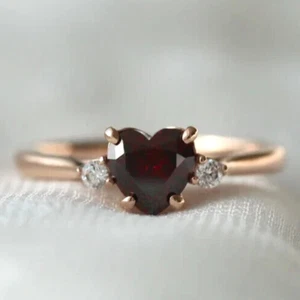 Heart Cut Red Garnet 2Ct Lab Created Engagement Band Ring 14K Rose Gold Plated - Picture 1 of 10