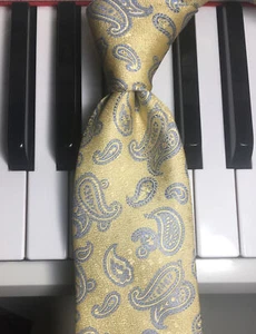 TOM JAMES / Frosted Pale Gold & Blue Paired Paisley 100% Silk Necktie - Picture 1 of 7
