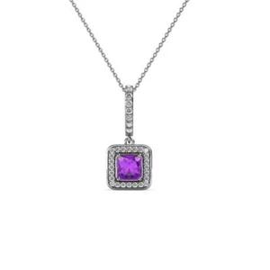 Princess Cut Amethyst & Diamond Halo Pendant 1/3 ctw 14K Gold JP:86296 - Picture 1 of 13