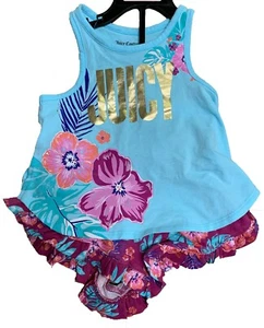 Juicy Couture Girl's Summer 2 Piece Tank and Short Set Blue Multi Floral - Picture 1 of 2