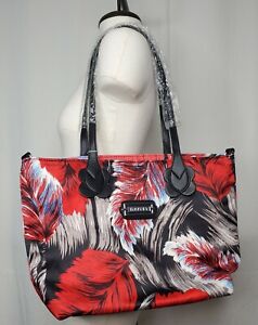 MAIYET Purse Nylon Shoulder Tote Black Leather Straps Red Gray Feathers READ
