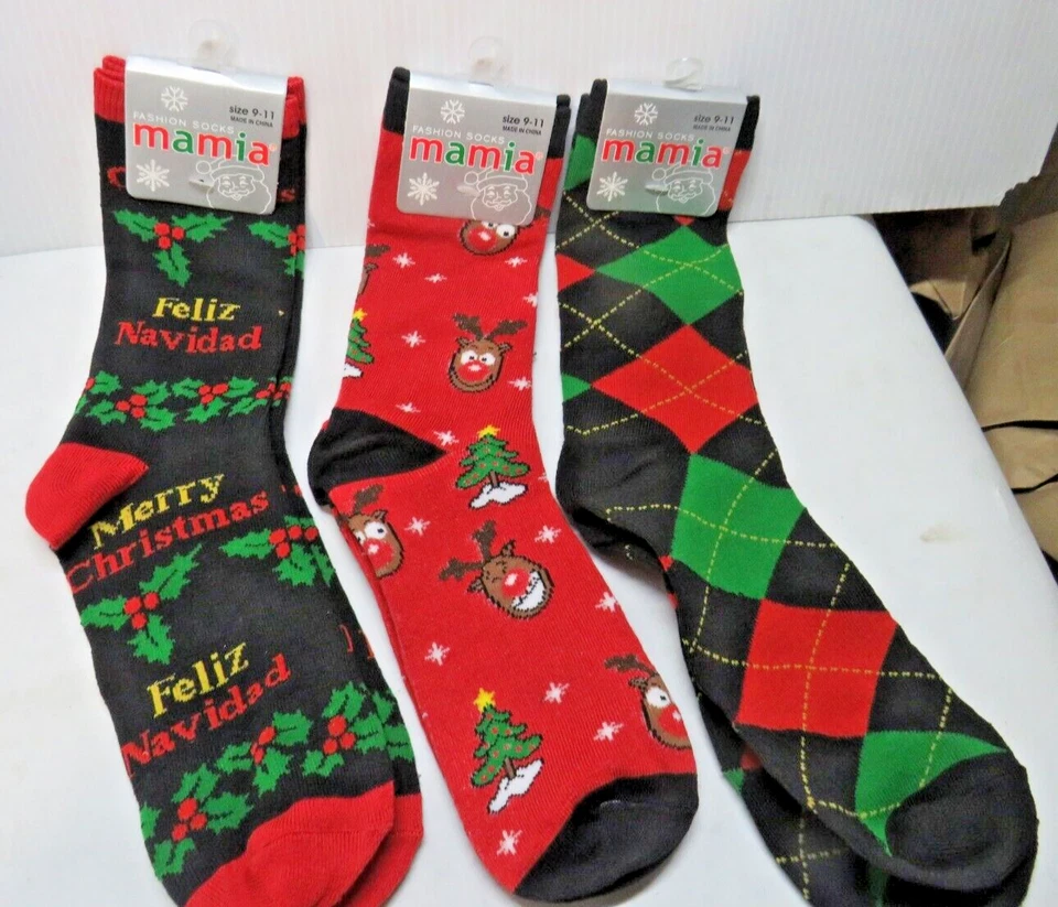 Christmas Mamia Size 9-11 Socks Holiday Feliz Navidad 3 pairs NWT - Image 1 of 4