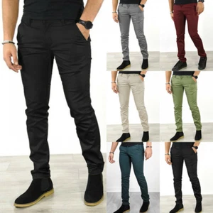 Mens Stretch Skinny Slim Fit Chino Pants Flat Front Casual Super Spandex Trouser - Picture 1 of 9