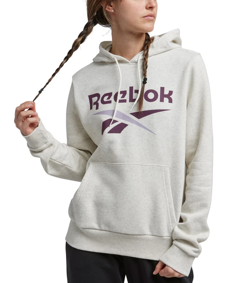 Reebok Big-Logo Fleece Long-Sleeve Hoodie Women's L Chalk Melange/Dusk Purple