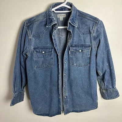 Винтажная мужская рубашка Carhartt Pearl на кнопках средний размер джинсовая ткань синяя рабочая с длинным рукавом НЕДОСТАТКИ - Изображение 1 из 4