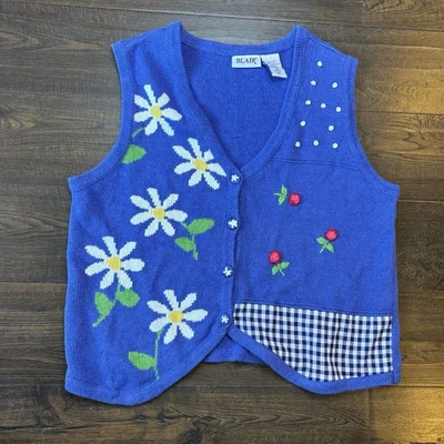 Chaleco Suéter Grande Vintage Para Mujer Azul Cottagecore Floral Margarita Guinga Kitsch Foto 1 de 4