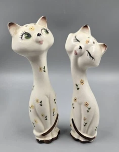**Vtg Long-Neck Porcelain Cat Floral Salt & Pepper Figurines Made In Tawain** - Picture 1 of 5