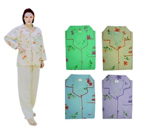 Damen Flanell Pyjama Knopfleiste Trikot Schlafanzug langarm  lange Hose 9A5 - Bild 1 von 6