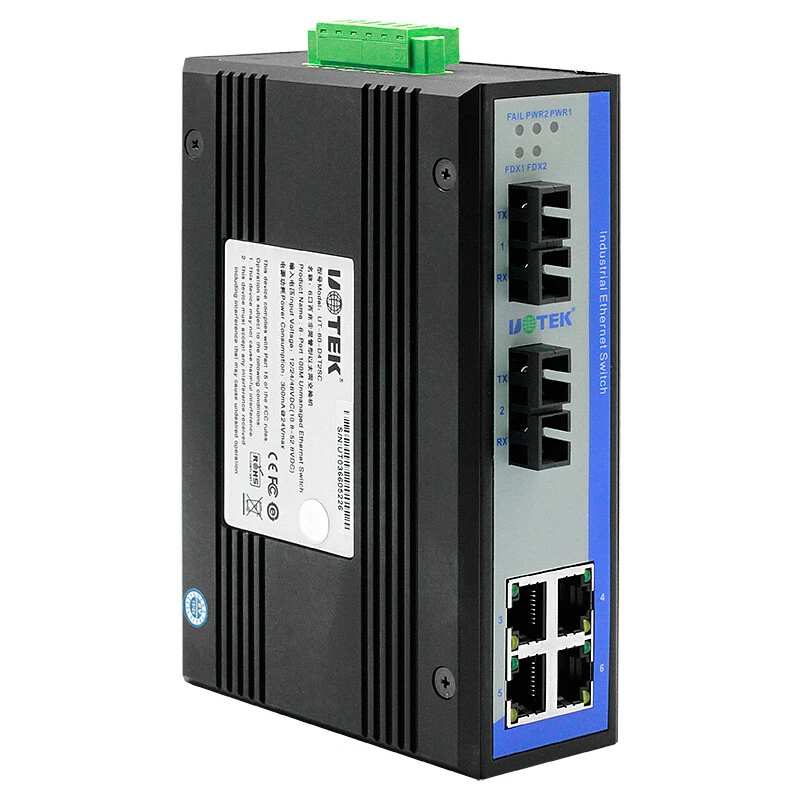 Industrial Grade 100M Network Unmanaged Ethernet Switch 2 Fibers 4 RJ45 Ports SC - Image 1 of 4