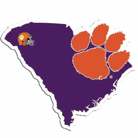 Clemson Tigers Home State Vinyl Auto Decal (NCAA) South Carolina Shape w/ Helmet Cover