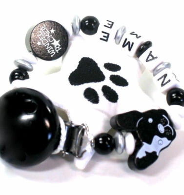 Schnullerkette mit Namen Bulldogge Hund Windelrocker Junge Mädchen schwarz weiss - Bild 1 von 4