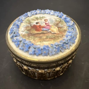 Elfinware Germany Dresser Trinket Box Round Courting Couple Ormolu App Flowers - Picture 1 of 7