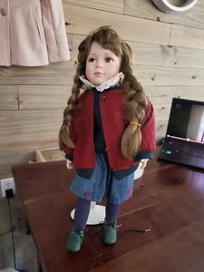ASHTON DRAKE GALLERIES—1st COMMUNION 17” PORCELAIN DOLL—BLUE SKIRT/GREEN SWEATER - Picture 1 of 7