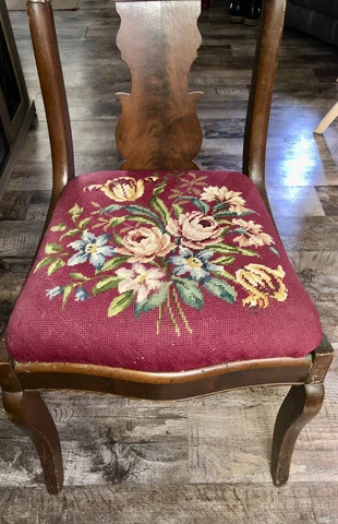Antique Walnut and Burl Accent Chair Needlepoint Seat Red Floral Cover