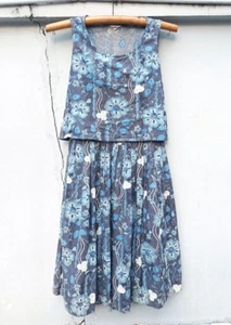 90s Japanese Wanted Sleveless Blue Floral Pleat Dress M - Picture 1 of 10