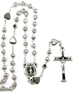 NEW BEAUTIFUL MADE IN ITALY HEART BEAD ROSARY SILVER & HEMATITE MIRACULOUS - Picture 1 of 1