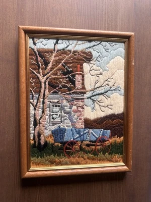 Vintage 1990 Framed Dimensions Longstitch Needlecraft Blue Farm Wagon Artwork - Image 1 of 4