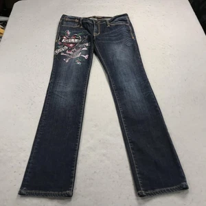Ed Hardy Jeans Womens 31 Blue Low Rise Straight Rhinestone Love Kills Skull Y2K - Picture 1 of 13