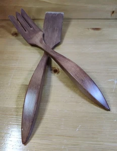 Vintage Wooden Salad Utensils Fork 12" Serving Set Made in Canada MCM Style Read - Picture 1 of 8