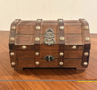 Vintage 70's Wood Pirate Treasure Chest Red Velvet Lined Jewelry Box - Image 1 of 4