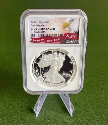 Etiqueta ASE 2023 prueba S Silver Eagle NGC PF 70 ultra camafeo primeros lanzamientos Foto 1 de 2