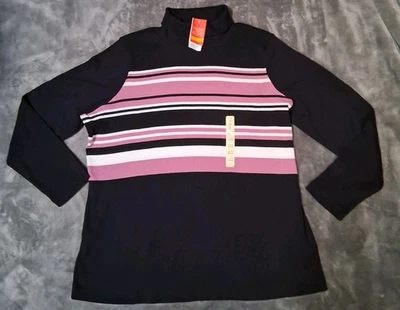 NUEVO CON ETIQUETAS L.A. Suéter Azul Cuello Tortuga Mujer Negro Rayas Manga Larga Talla 22/24 Foto 1 de 4