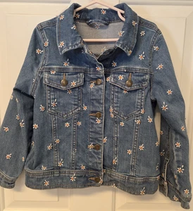 Girls Hanna Andersson Denim Jacket Blue Jean with Daisy Flowers Size 6/7 Snaps - Picture 1 of 10