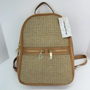 Tommy Bahama Tan Leather Gold Metallic Sparkle Woven Straw Backpack NWT - Picture 1 of 8