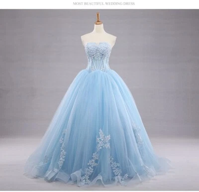 Strapless Quinceanera Ball Gown Sweet 16 Tulle Prom Dress w/ Lace Appliques - Image 1 of 4