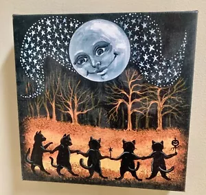 Black Cats & Moon Canvas Wall Art Picture Print Home Decor 9.5” x 9.5” Halloween - Picture 1 of 4