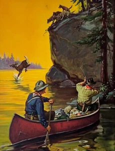 To The Rescue,Vintage 1930s Hy Hintermeister Western 12x9 Print, Canoe Deer Wolf - Picture 1 of 5