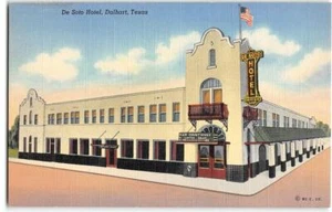 Postal vintage de lino DE SOTO HOTEL Dallam County Dalhart, Texas años 40 - Imagen 1 de 2