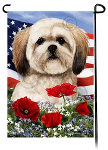 Patriotic Flowers Garden Flag - Brown Lhasa Apso - Picture 1 of 1