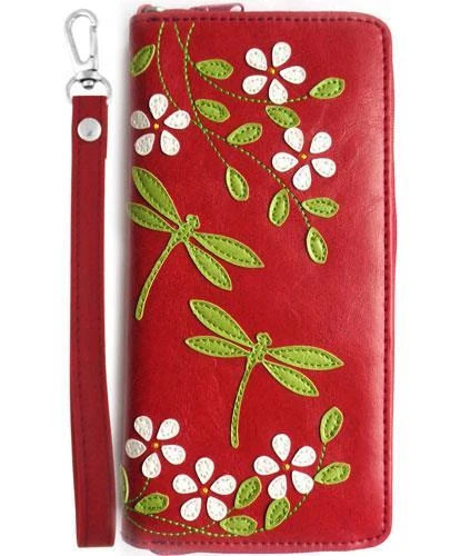 Libélula Insecto Margarita Apliques Rojo Vegano Cuero Lg Cartera Muñequera Lujosa Foto 1 de 1